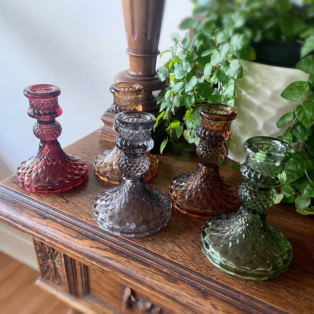 Vintage-Style Multicolor Faceted Glass Candle Holders Set